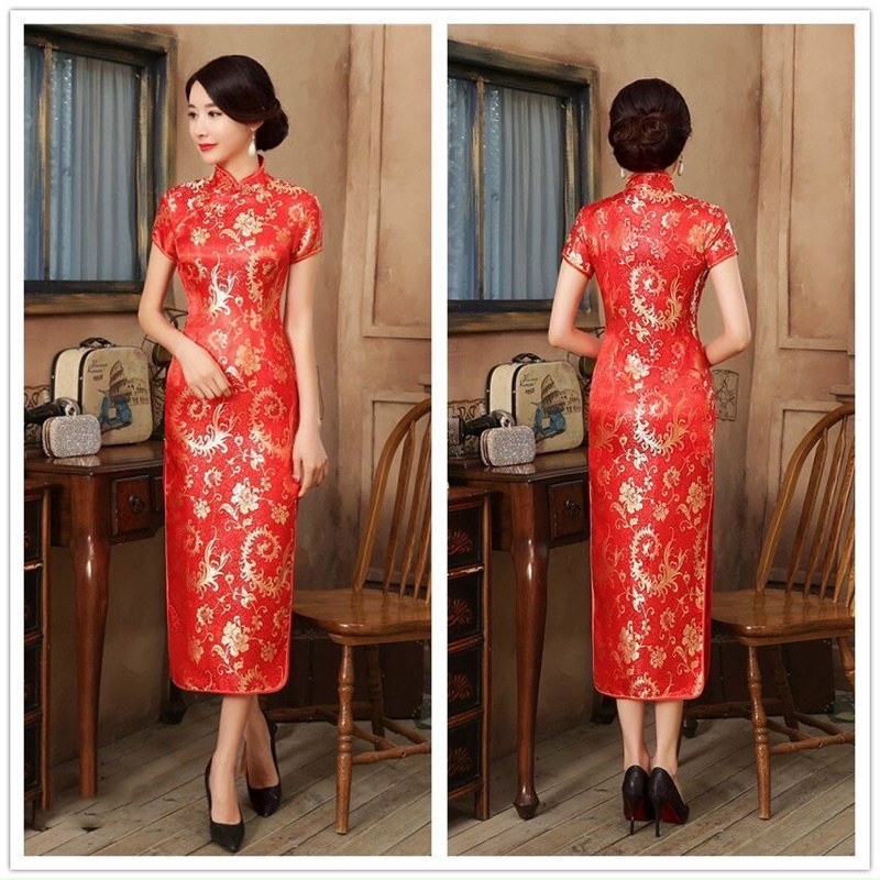 Đầm Body sườn xám cổ tàu phim dài cực xinh hoạ tiết đẹp mắt màu y hinh