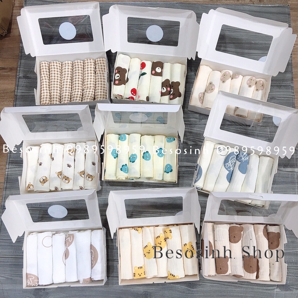 (40 mẫu )Khăn sữa nhăn cao cấp hộp 6 cái kích cỡ 32x32cm.Khăn sữa cho bé 100% sợi xô muslin
