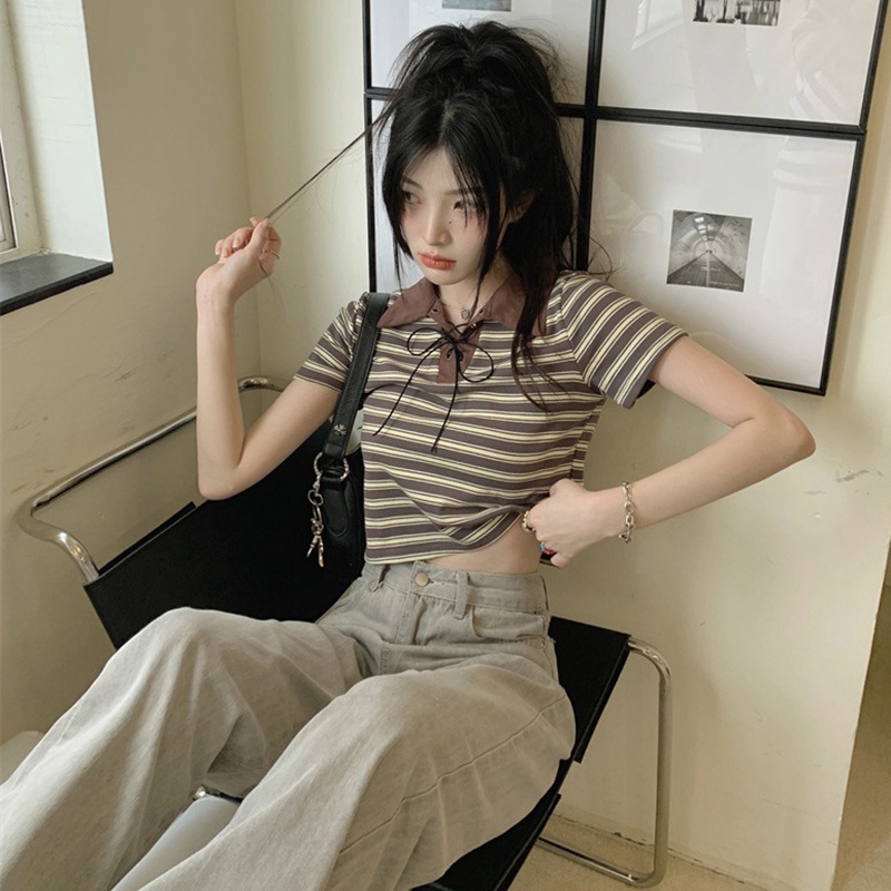 IELGY Áo polo Ngắn Tay Họa Tiết Sọc Thời Trang Dành Cho Nữ