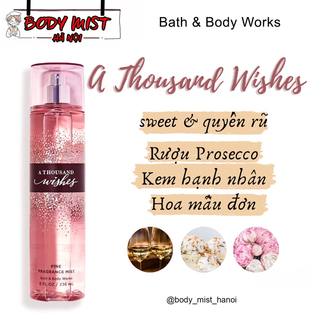 Xịt thơm toàn thân, xịt BodyMist Bath & Body Woks A Thousand Wishes 10ml - 30ml chính hãng | Body Mist Hà Nội