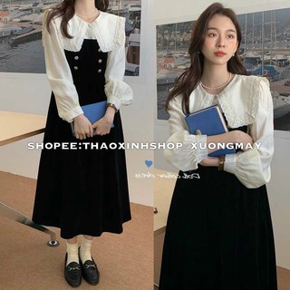 Đầm maxi đen phối trắng cột dây