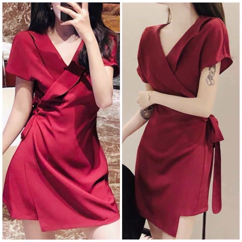 Đầm đỏ đắp tà (kèm hình thật)