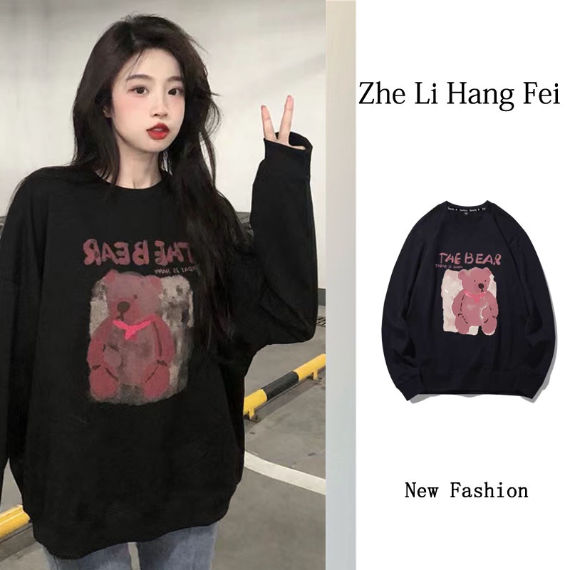 【ZHELIHANGFEI】Áo Thun Sweater Tay Dài Dáng Rộng In Hình Gấu Dễ Phối Đồ