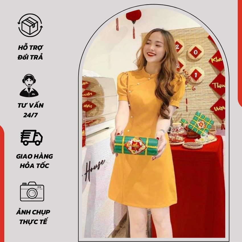 Đâm cách tân nữ đính hạt phong cách trẻ trung, đầm cổ tàu tay phồng - 759