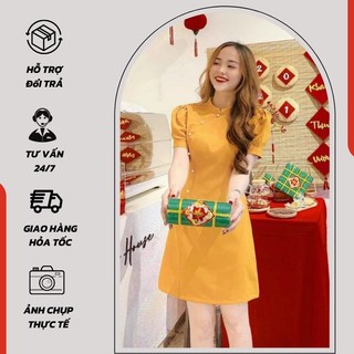 Đâm cách tân nữ đính hạt phong cách trẻ trung, đầm cổ tàu tay phồng - 759
