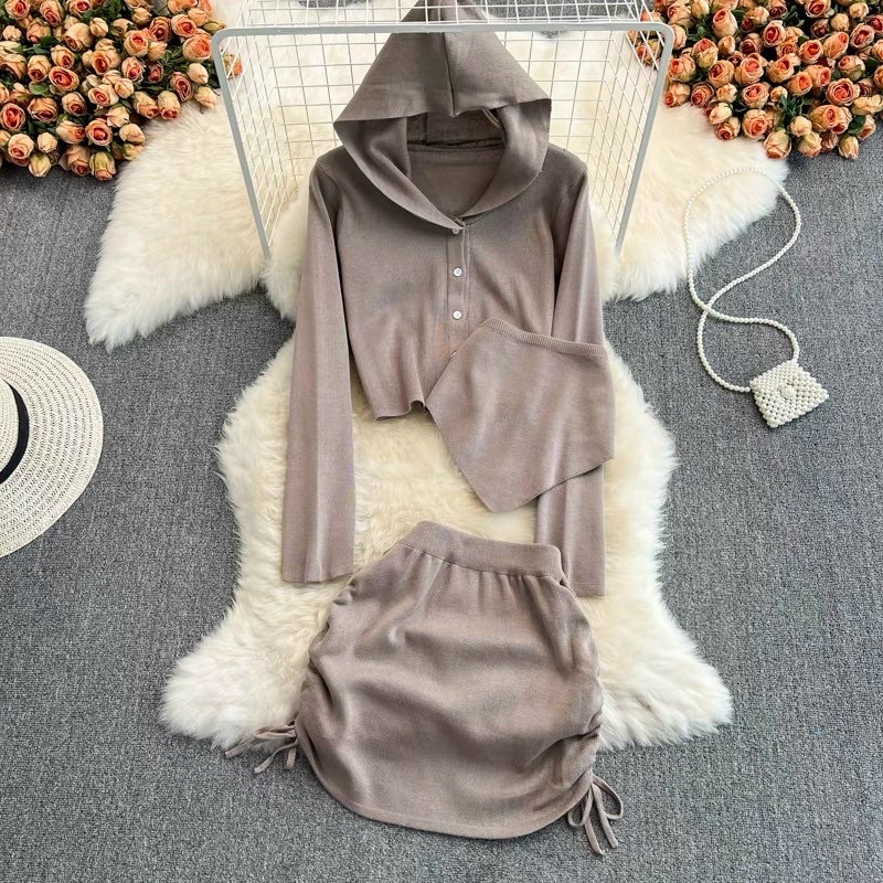 Set len dệt kim 3 chi tiết áo khoác mũ áo quây yếm chân váy rút QC hot hit