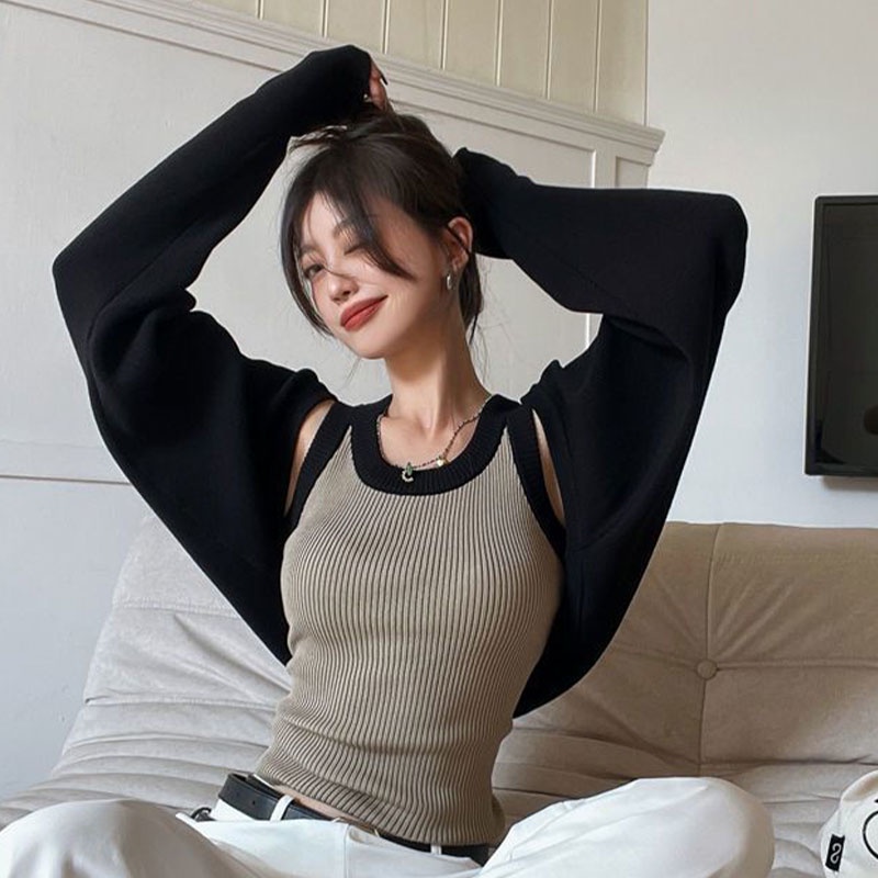 Bộ áo XINLANYASHE gồm áo khoác dệt kim tay phồng dài dáng rộng màu tương phản thời trang dành cho nữ