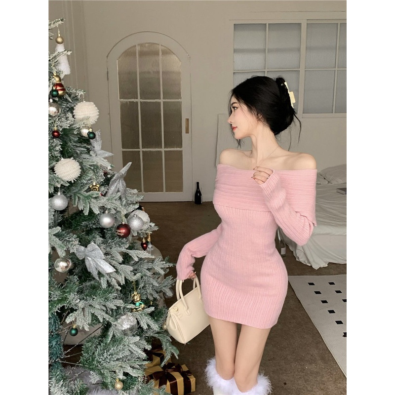 ZHELIHANGFEI Đầm Dệt Kim Tay Dài Trễ Vai Eo Cao Gợi Cảm Phong Cách Pháp Cho Nữ