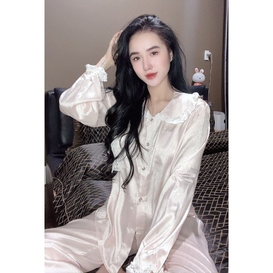 Pijama thiết kế họa tiết phối ren tiểu thư vải lụa xước ánh kim Tô Châu cao cấp.Ảnh shop chụp thật ở cuối trang