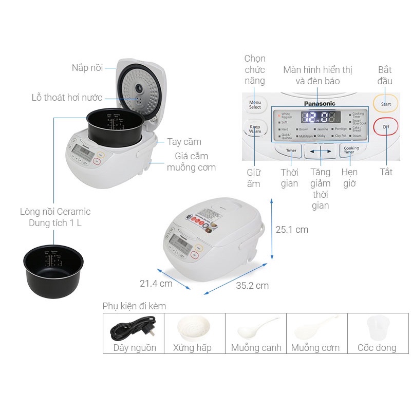 Nồi cơm điện tử Panasonic 1 lít SR-CL108WRA - Hàng chính hãng