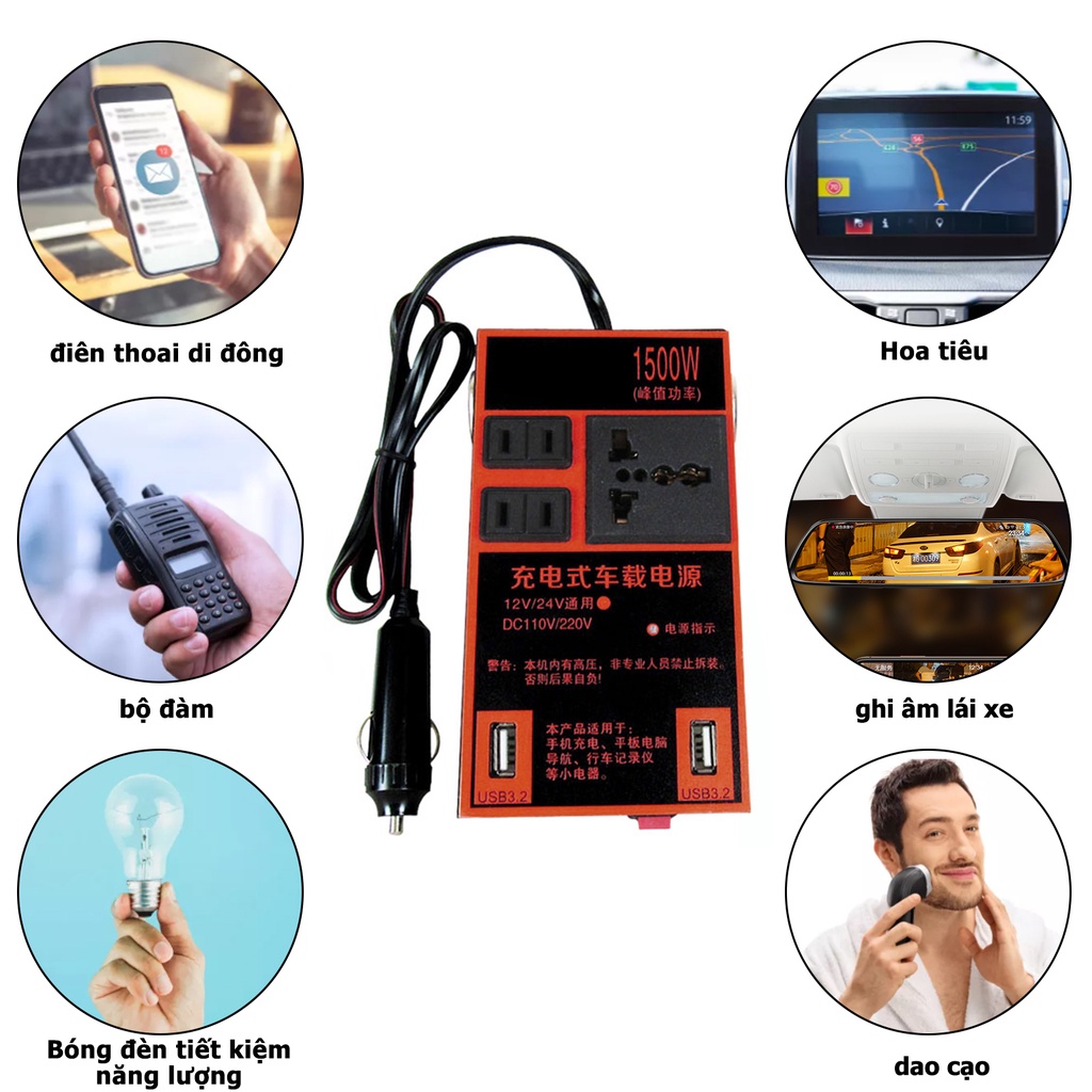 Bộ chuyển đổi điện 12v sang 220v,Biến điện 12v ra 220v xe ô tô,Inverter 12v to 220v sin chuẩn 1500w,Ổ Cắm Máy Biến Áp | BigBuy360 - bigbuy360.vn