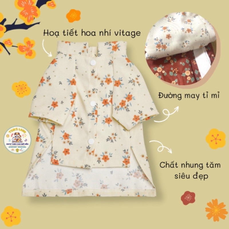 Áo Dài Tết Nhung Tăm Hoạ Tiết Hoa Thu Đông Cho Chó Mèo - Áo Dài Cho Thú Cưng -Siêu Mềm Mại