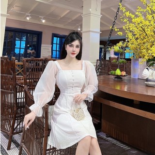 Đầm dự tiệc trắng váy xòe nữ cổ vuông tay bồng sang trọng VNT12