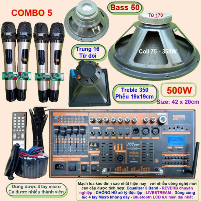 Mạch loa kéo 5 tấc đơn 500W Reverb chống hú DSP Livestream Equalizer 5 Band  kèm 4 tay Micro