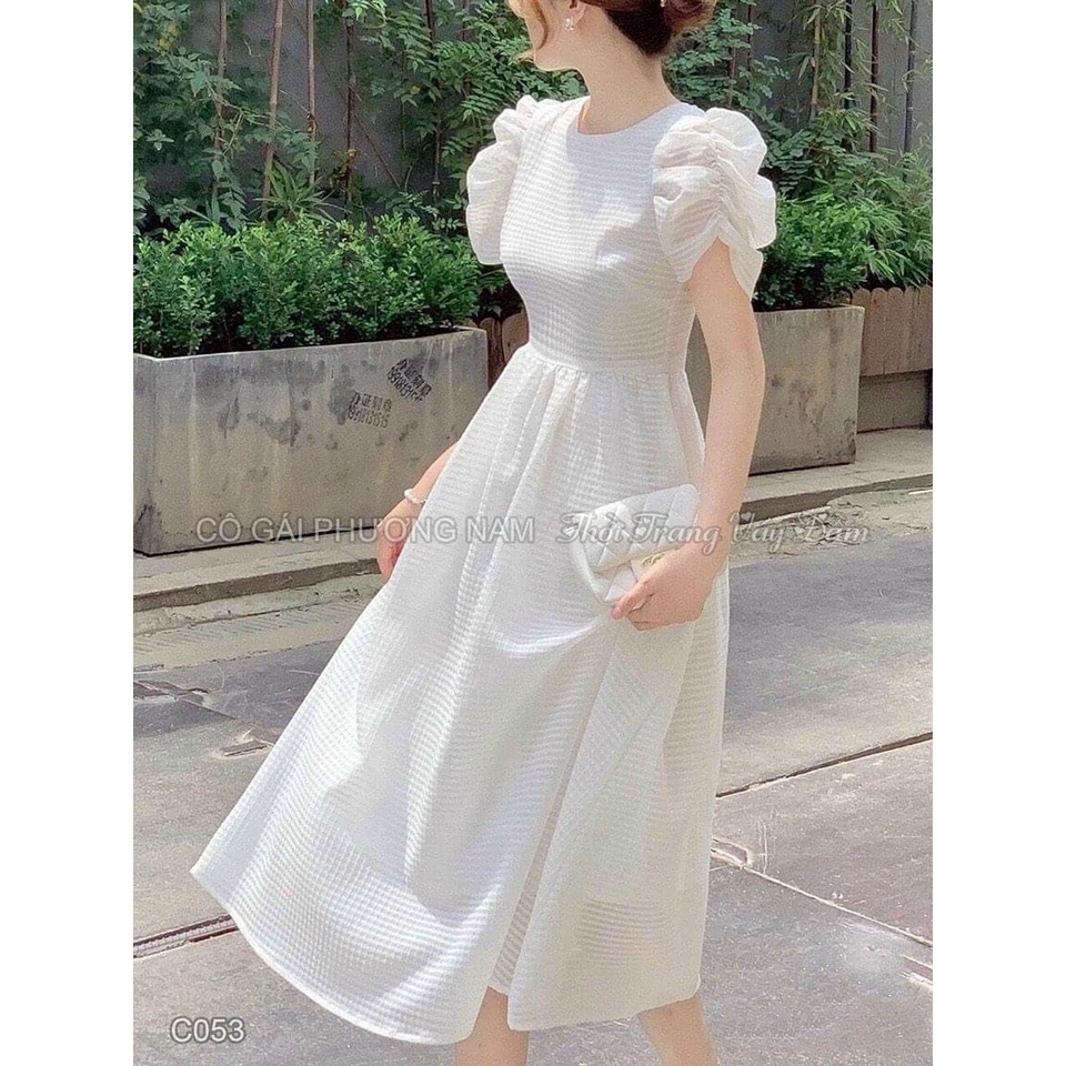 [12.12 Sales FFreeship] Đầm nữ vintage dáng dài, đầm chất xô cổ tròn ôm eo tay phồng bèo dáng xòe nhiều màu sắc xinh xắn