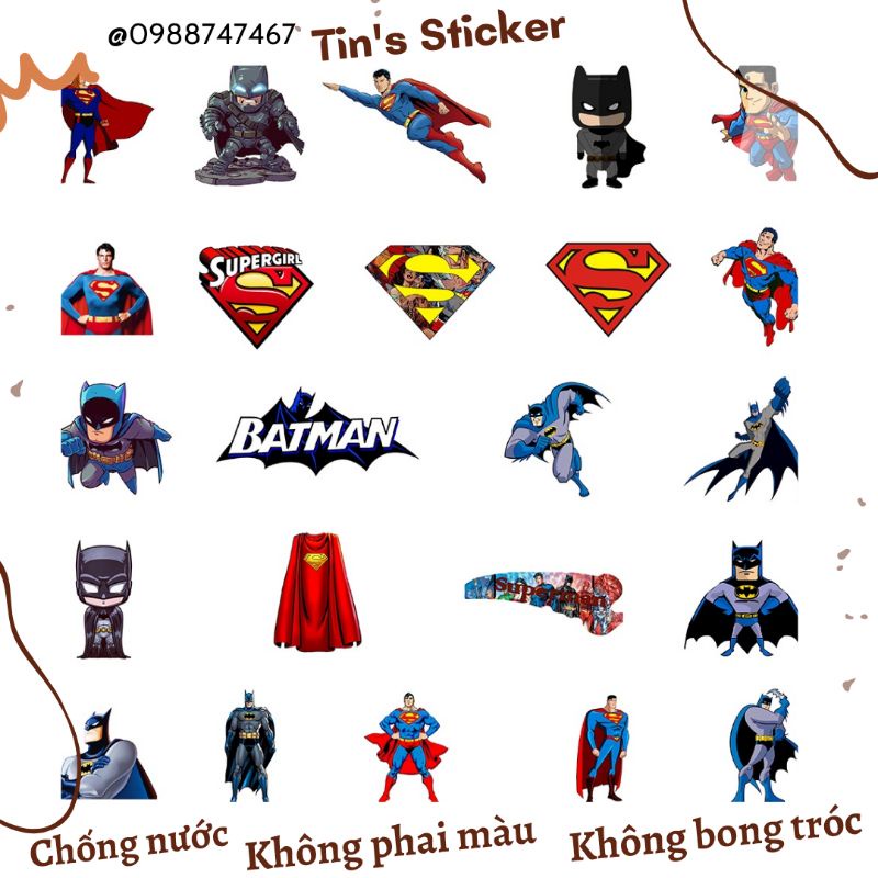 Set combo 45 miếng dán sticker siêu anh hùng Superman và Batman dán nón mũ bảo hiểm laptop vali sổ sách đàn guitar