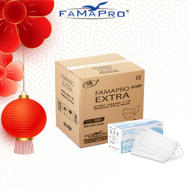 [EXTRA- THÙNG 50 HỘP] Khẩu trang y tế cao cấp kháng khuẩn 4 lớp Famapro Extra (50 cái/hộp)