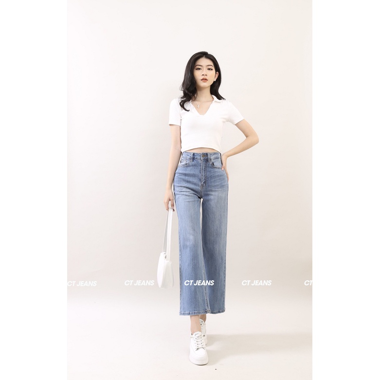 Quần bò ống rộng - Jean nữ cạp cao basic chất vải cao cấp thoáng mát co giãn 4 chiều nữ tính CP32, CT JEANS