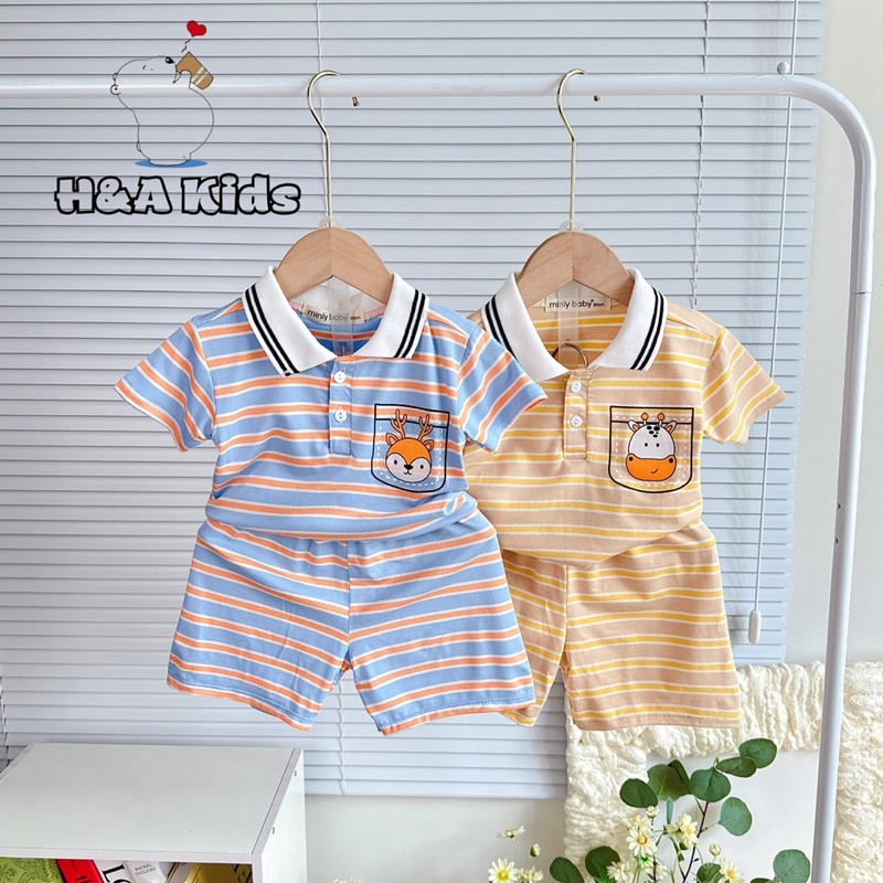 Bộ cộc tay kẻ sọc cổ trụ bẻ Minly Baby chất thun lạnh Visco cao cấp siêu mềm mát cho bé trai