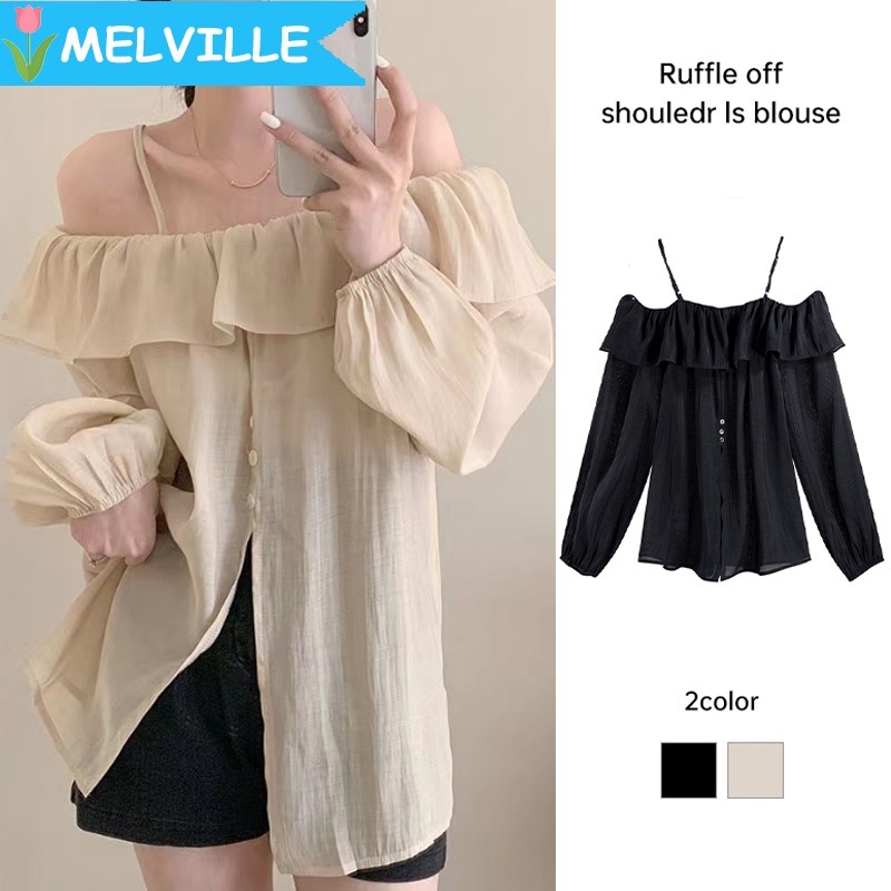 MELVILLE Áo kiểu trễ vai viền bèo xẻ chất đũi đẹp form xinh ( Ảnh thật ), Áo thun dài tay Siêu Xinh Có Bigsize