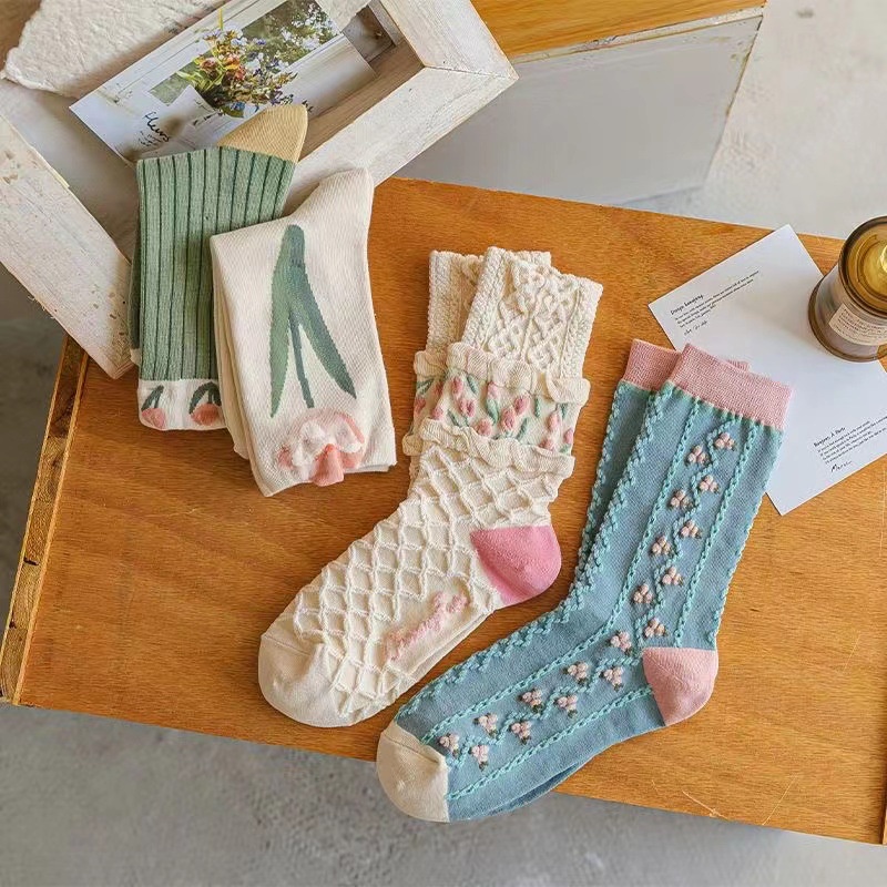 Mới Vớ Dài Trung Bình Họa Tiết Hoa tulip Mori Thời Trang Thu Đông Cho Nữ CRD