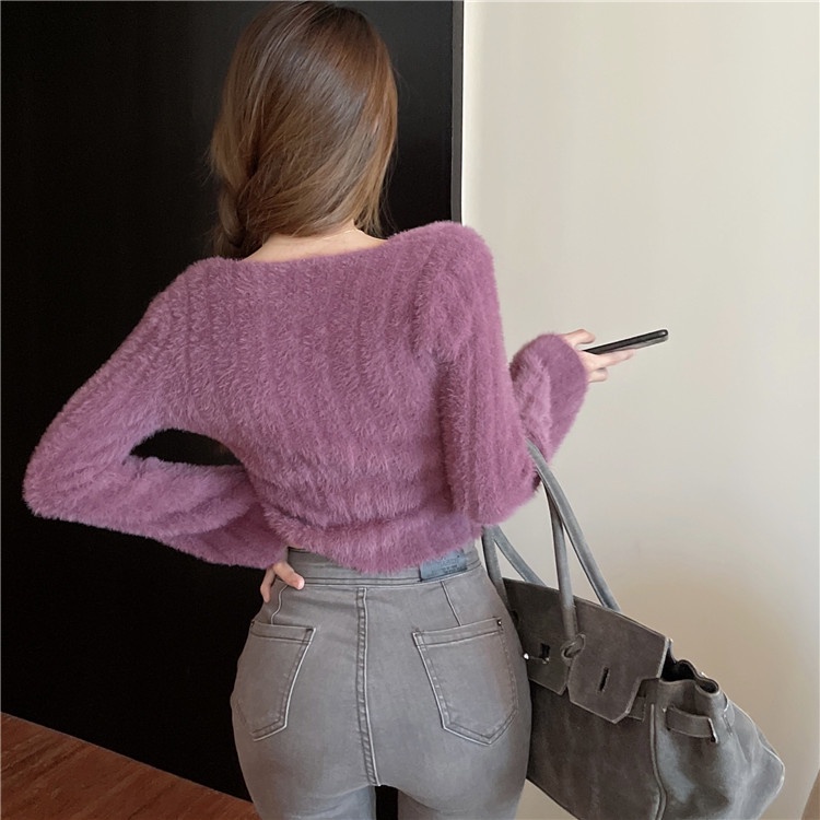QADCOL Áo sweater Lông Chồn Cổ Vuông Thấp Mềm Mại Dày Dặn Thời Trang Thu Đông Cho Nữ