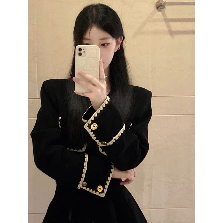 Set áo váy nhung Quảng Châu thiết kế dài tay phối viền ren tiểu thư, Set đồ nữ thu đông trẻ trung rẻ đẹp Bun Shop20