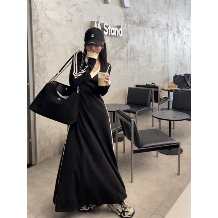 Đầm Tay Dài Cổ Chữ V Màu Sắc Tương Phản Thời Trang Mùa Thu Cho Nữ