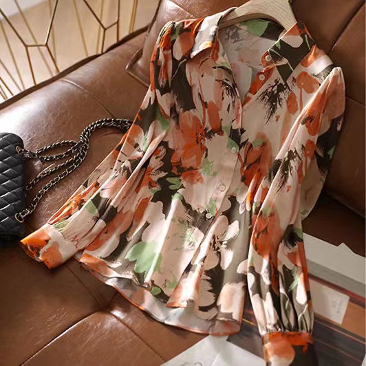 Áo Sơ Mi Chiffon Satin Tay Dài In Họa Tiết Hoa Sơn Dầu Thời Trang Dành Cho Nữ