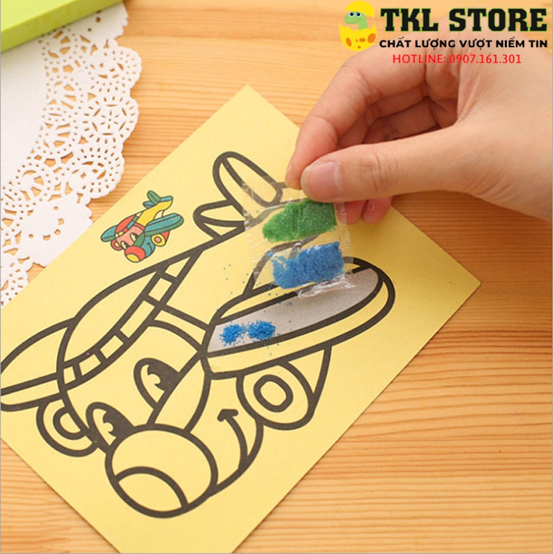 Tranh cát cho bé tập tô màu cho bé, nhiều mẫu tranh khác nhau có sẵn cát kích thước 12x17cm - TKL STORE