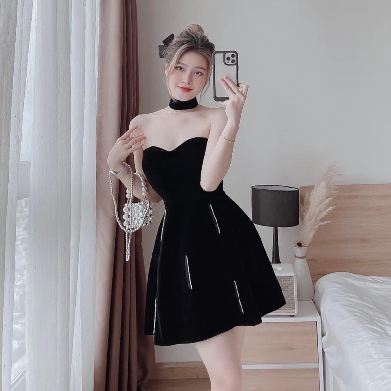 Bộ đầm ống cup ngực nhung kèm vòng cổ shop nina le