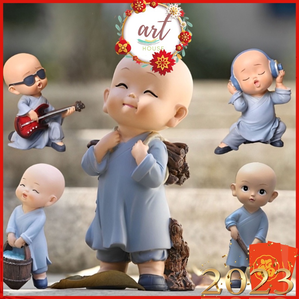 Tượng Mô Hình Trang Trí Chú Tiểu Áo Xanh Làm Việc, Ca Hát, Yêu Đời - Art House
