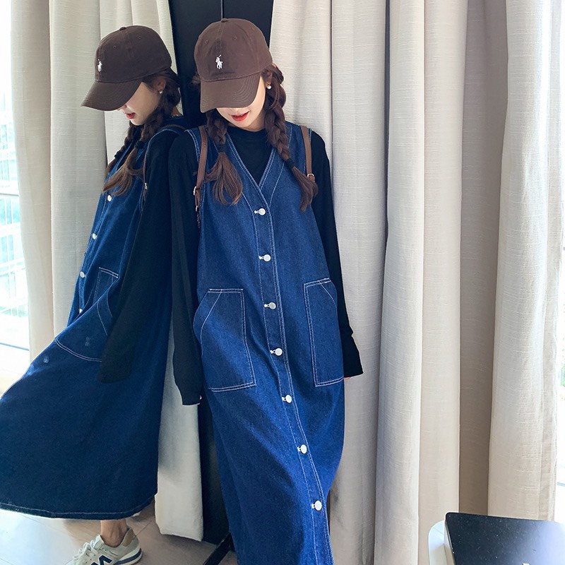 Áo Váy Jean Sát Nách Dài Dáng Dài Nút Cài Cá Tính. Đầm Jean Dáng Rộng Phong Cách Hàn Quốc