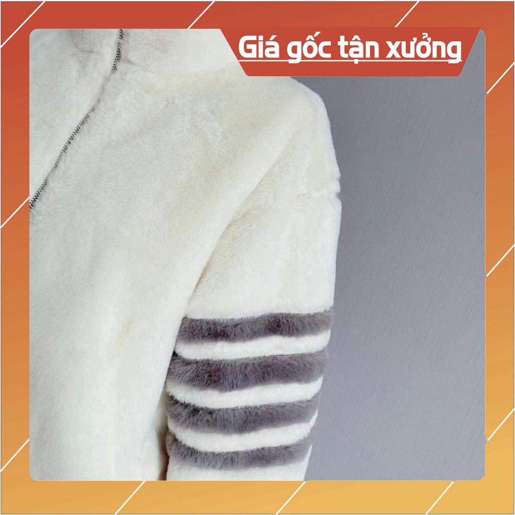 Hoa xôi Áo Khoác Lông Thome Mượt cứng cáp thời thượng - áo khóa ngoài Lông Cừu Phối 4 Sọc Tay Fom Dáng Unisex Nam Nữ 123