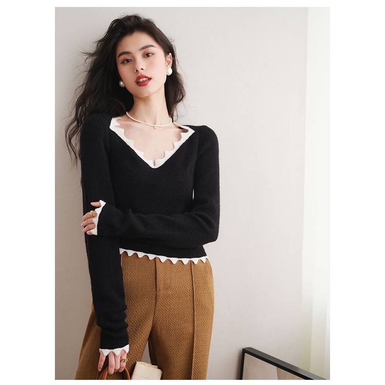 ZHELIHANGFEI Áo len dệt kim Pháp cổ chữ V tay dài kiểu dáng nữ