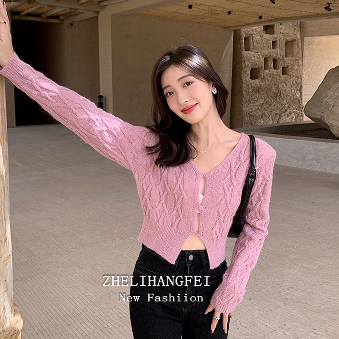ZHELIHANGFEI Áo Cardigan Dệt Kim Tay Dài Cổ Chữ V Thời Trang Cho Nữ