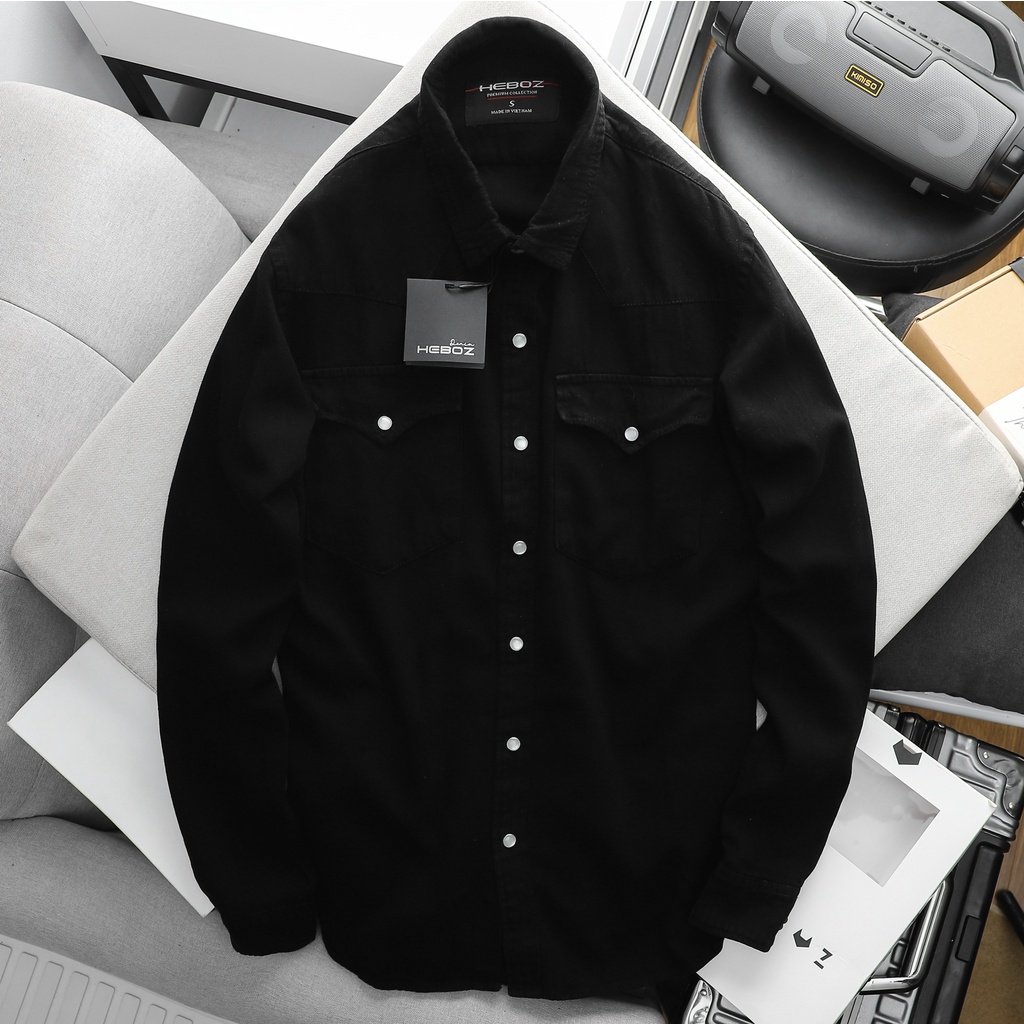 Sơ mi nam chất vải wash denim có cúc bấm Heboz 4M cao cấp - 00001323