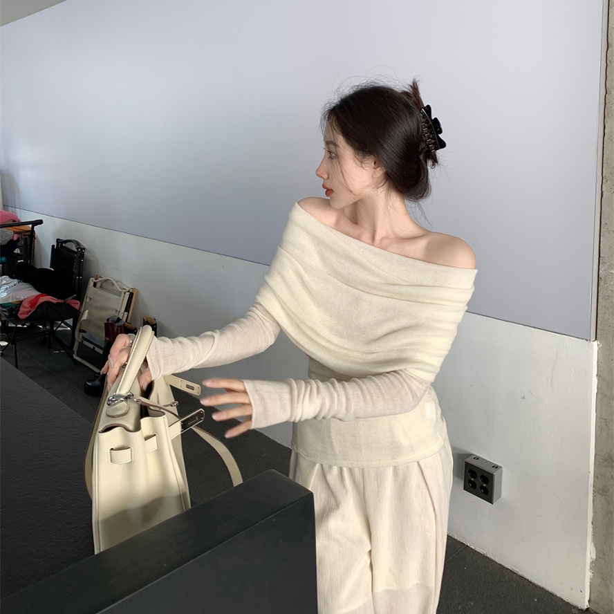 COZOKC COZOK Áo thun dệt kim COZOK trễ vai mỏng dài tay