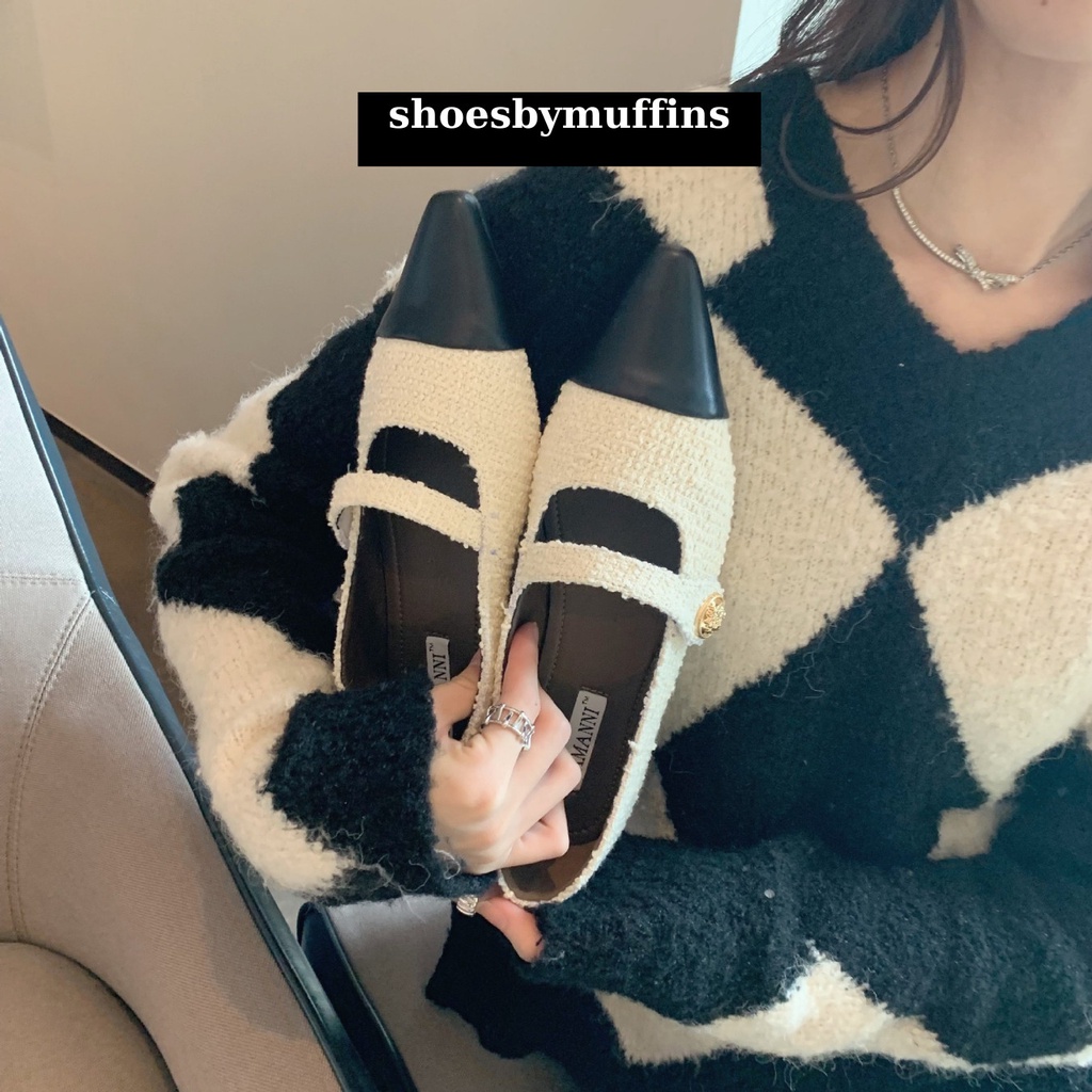 Giày búp bê mũi nhọn dạ tweed họa tiết phối màu phong cách tiểu thư sang chảnh