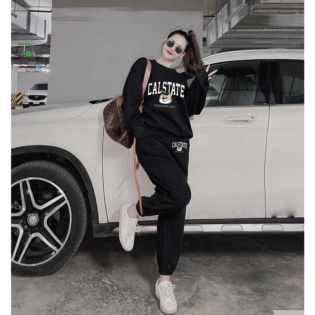 BIGSIZE 60-100KG SET BỘ NỈ BÔNG CALSTATE IN GẤU TAY DÀI QUẦN DÀI CHO NỮ, SET BỘ NỈ THU ĐÔNG