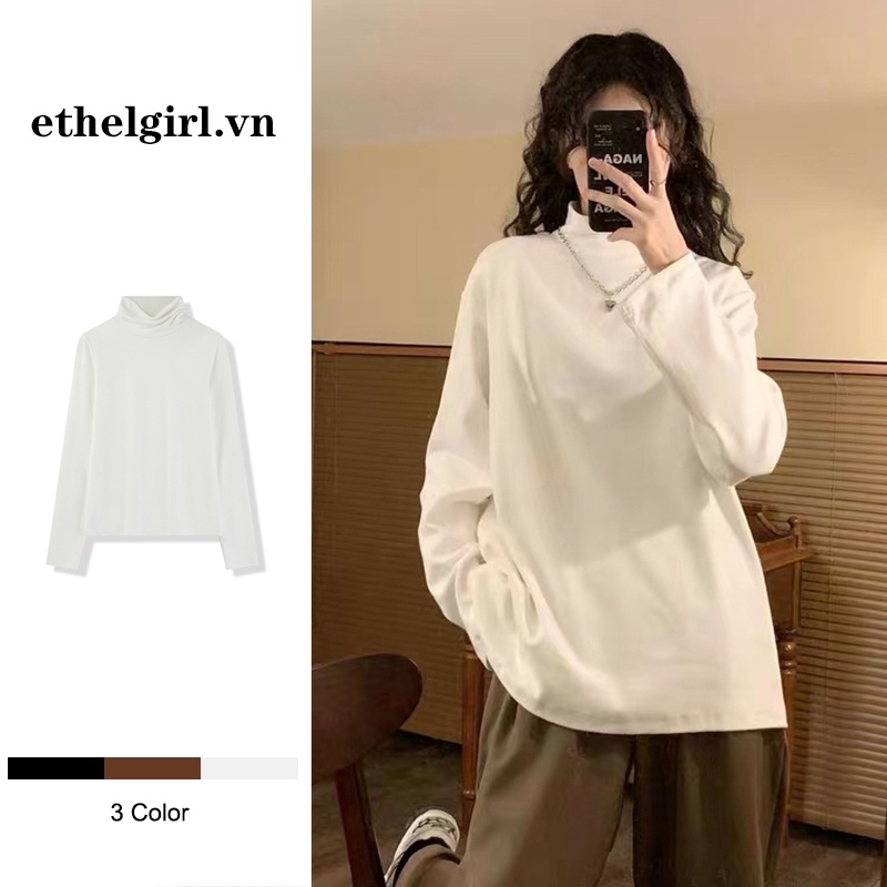 Ethelgirl Áo Thun Tay Dài Cổ Cao 3 Màu Thời Trang Cho Nữ