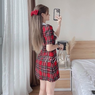 Đầm dạ caro đỏ cổ trắng bèo