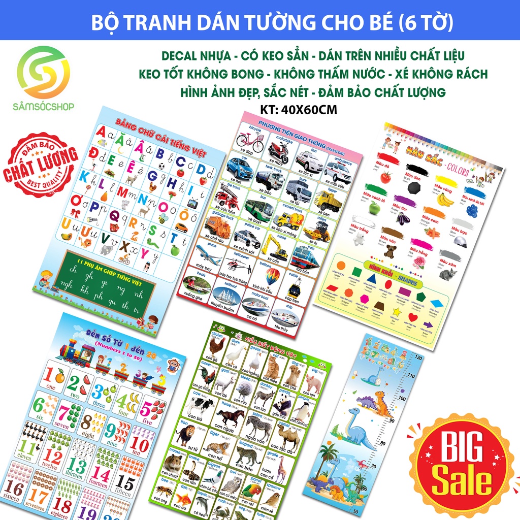 Decal dán tường cho bé  Decal nhựa, gồm Chữ Cái, Số, Xe, Con Vật, Màu Sắc, Thước đo