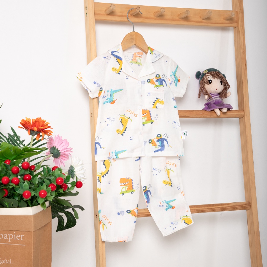 Pijama bé trai tay ngắn quần dài vải xô cotton Áo Lá Homewear A029, bộ ngủ bé trai