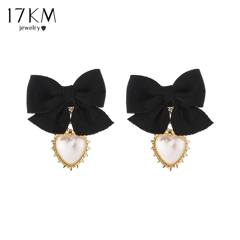 Bông tai nữ 17KM nơ nhung phối mặt trái tim ngọc trai viền vàng thanh lịch