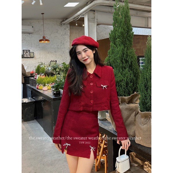 Set dạ mềm áo croptop chân váy chữ A TẶNG MŨ NỒI đỏ đô mã SetdadoMu225