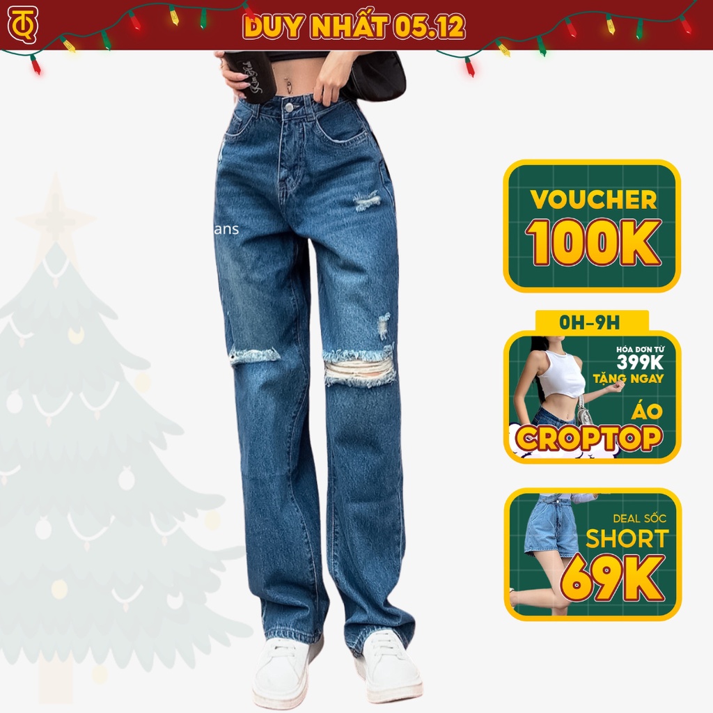 Quần jean ống rộng suông nữ rách gối TiQi Jeans B2-245