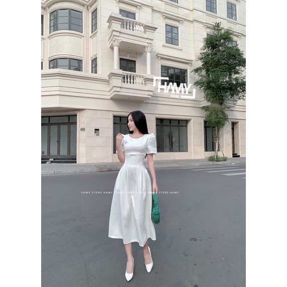 Đầm Cổ Tròn Tay Nhún Eo