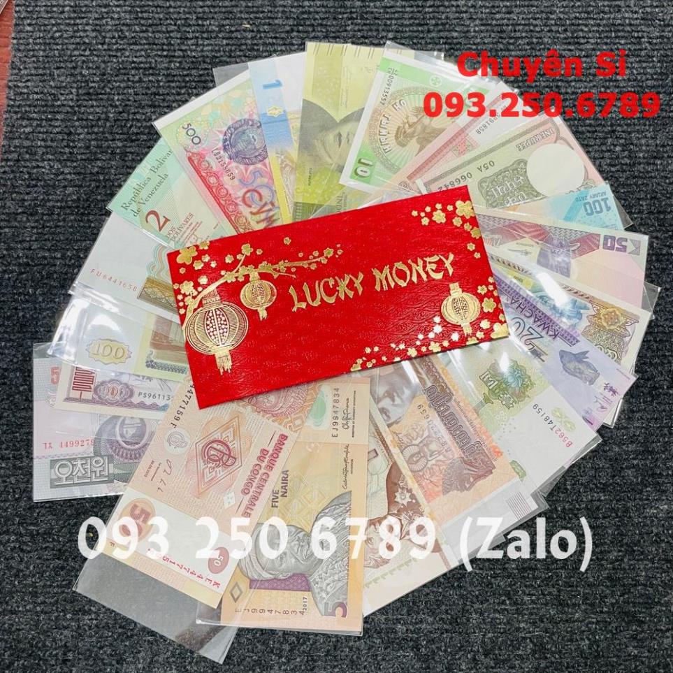 [HỎA TỐC] Sét 20 tờ tiền lì xì của 20 quốc gia kỷ niệm đựng kèm bao lì xì Lucky sang trọng , Quà Tết