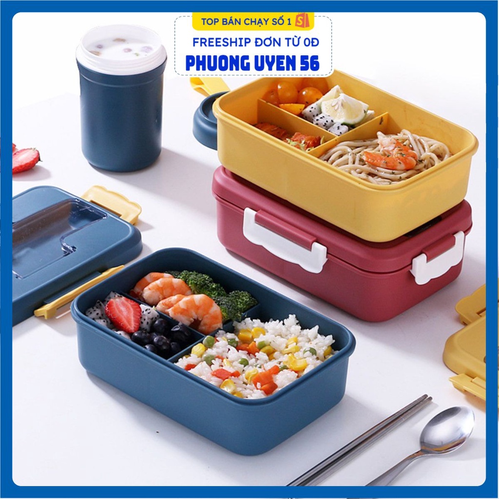 Hộp Cơm Trưa Văn Phòng 3 NGĂN K6 Loại 1 - Nhựa PP Cao Cấp - Kèm Đũa Thìa - Sử Dụng Lò Vi Sóng